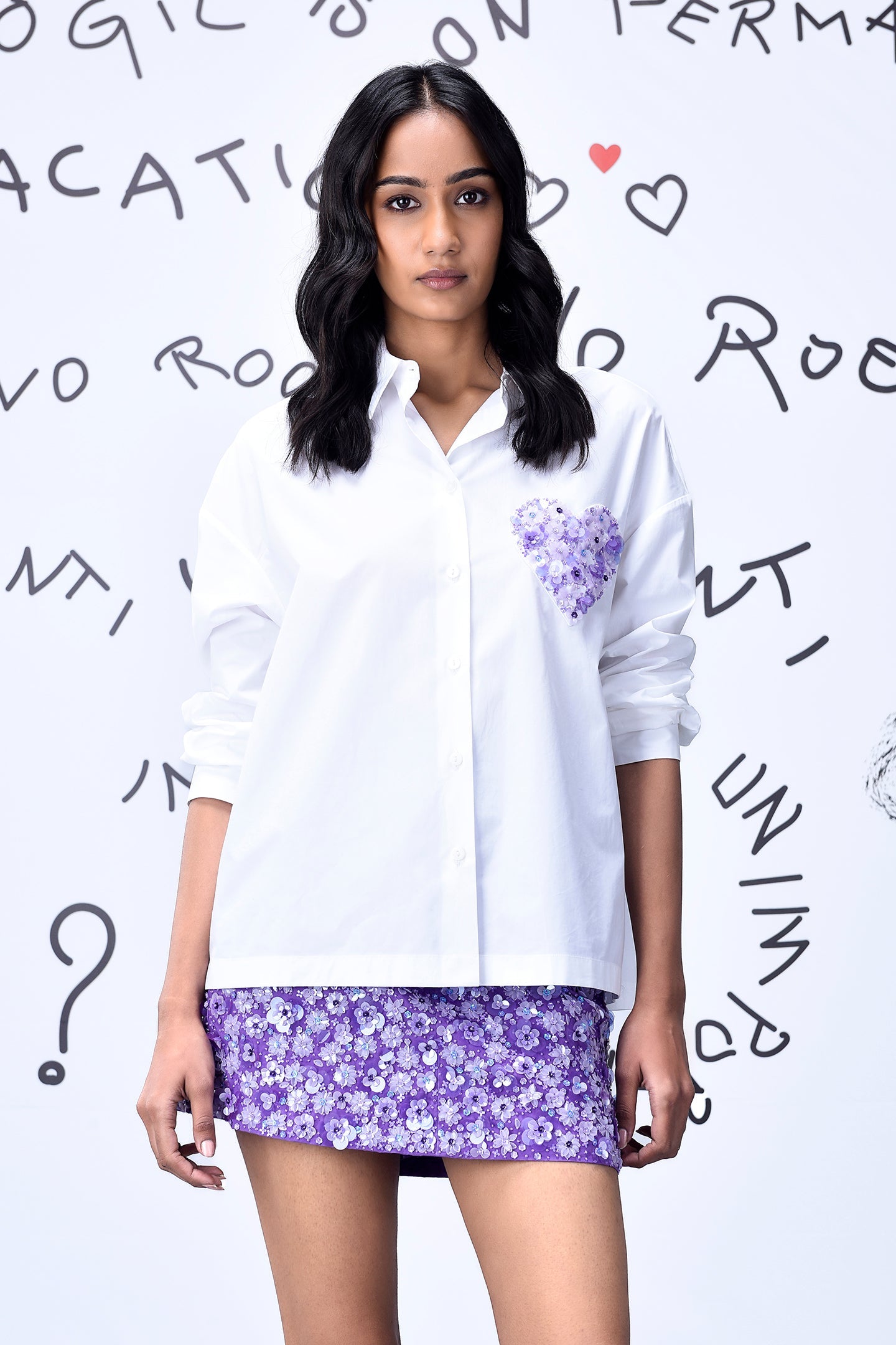 Stylera sequin heart shirt women white button-up with purple floral skirt