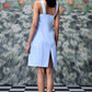 Stylera slim fit casual dress with lace up front in light blue worn by model from back