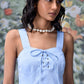 Slim fit casual dress with lace up front by Stylera in light blue sleeveless design