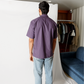 Stylera statement striped shirt purple short sleeve vertical stripes back view on male model