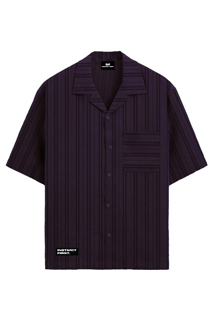 Stylera short sleeve button down statement striped shirt purple with camp collar and chest pocket