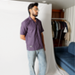 Stylera model wearing a statement striped shirt purple short sleeve button shirt with casual fit