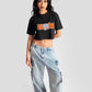 Stylera trendy black oversized crop fit t-shirt with graphic print worn with wide-leg jeans
