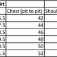 Stylera size chart table for trendy oversized casual t-shirt showing sizes XS S M L XL XXL and measurements