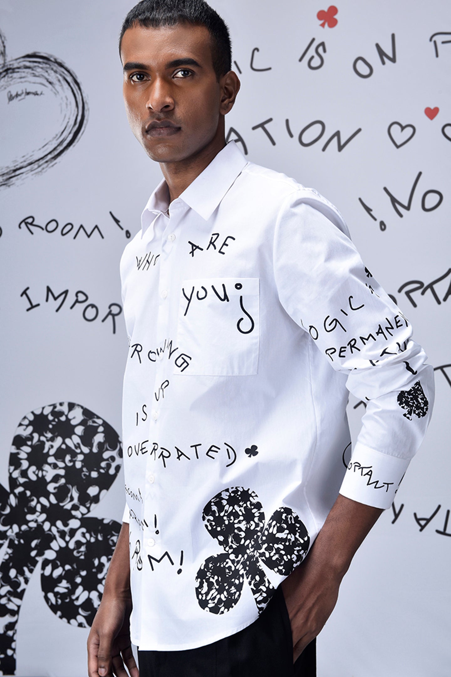 Stylera trendy scribble print shirt in white with black graphic and text design