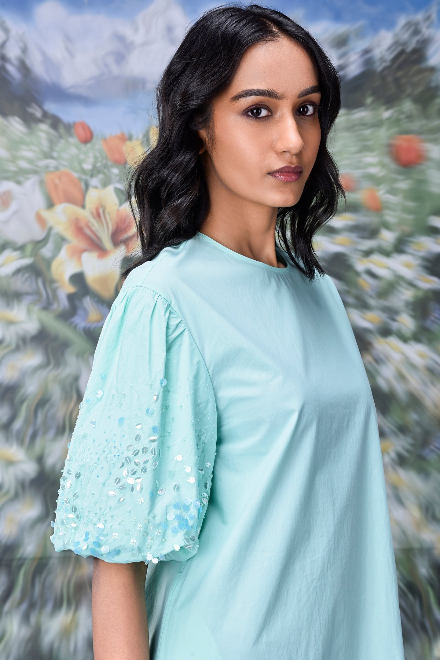 Stylera mint puff sleeve dress with sequin embellished sleeves trendy sequin dresses for women