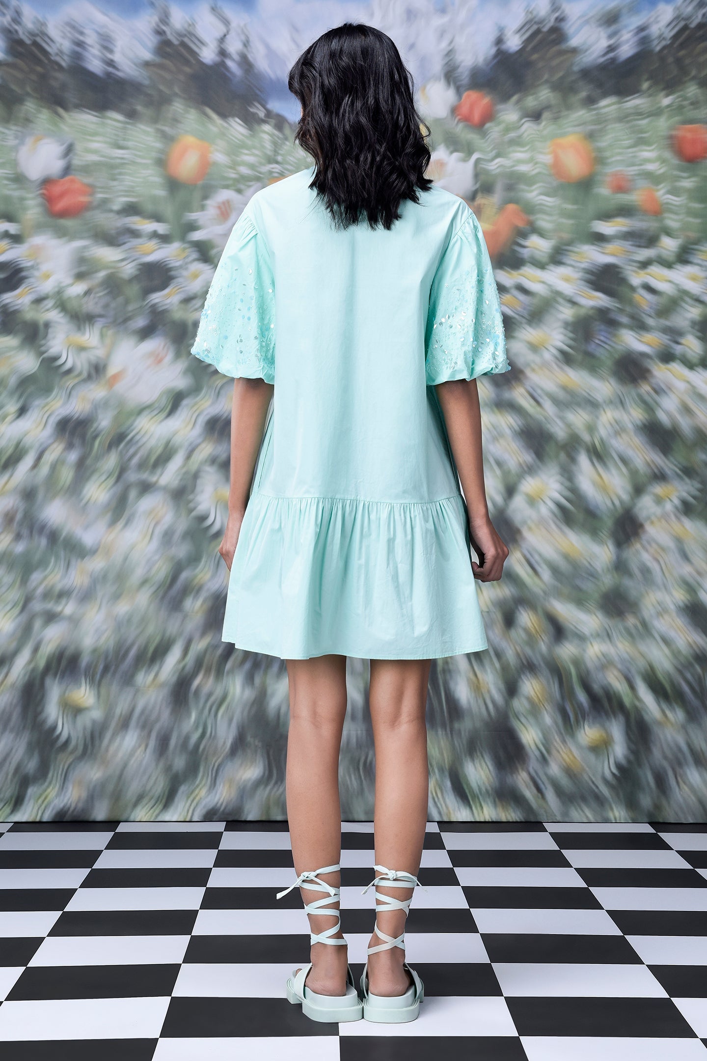 Stylera mint green short dress back view with lace sleeves and sandals trendy sequin dresses for women
