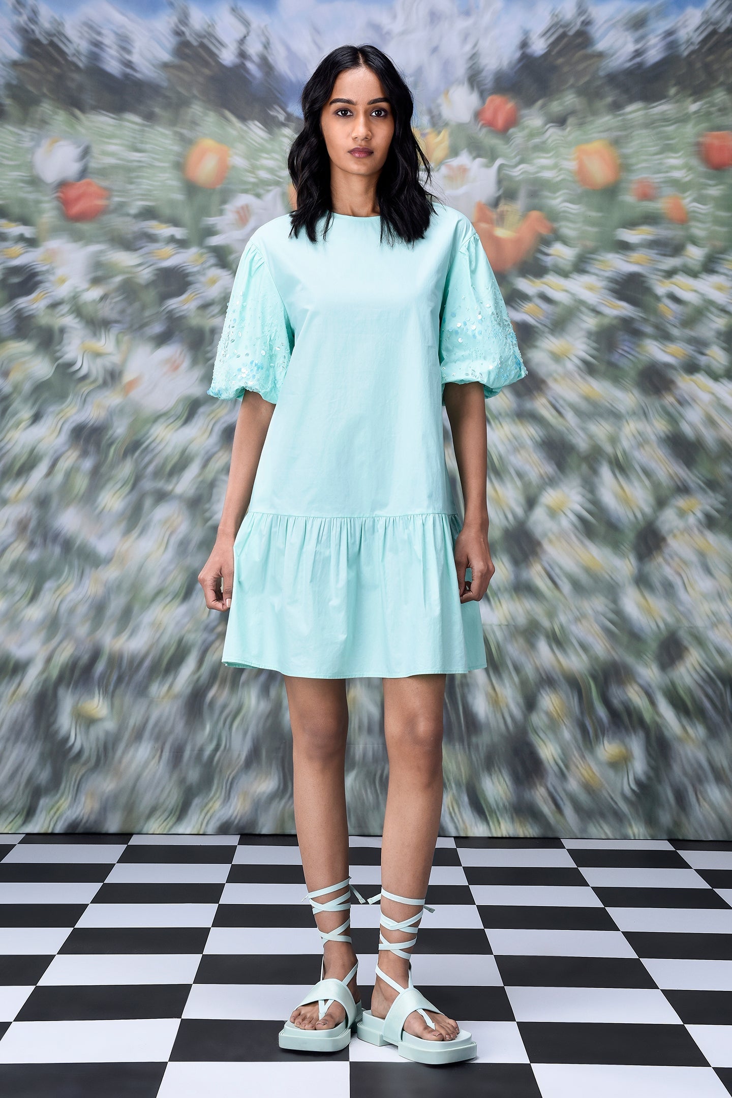 Stylera mint mini dress with lace puff sleeves and ruffle hem trendy sequin dresses for women