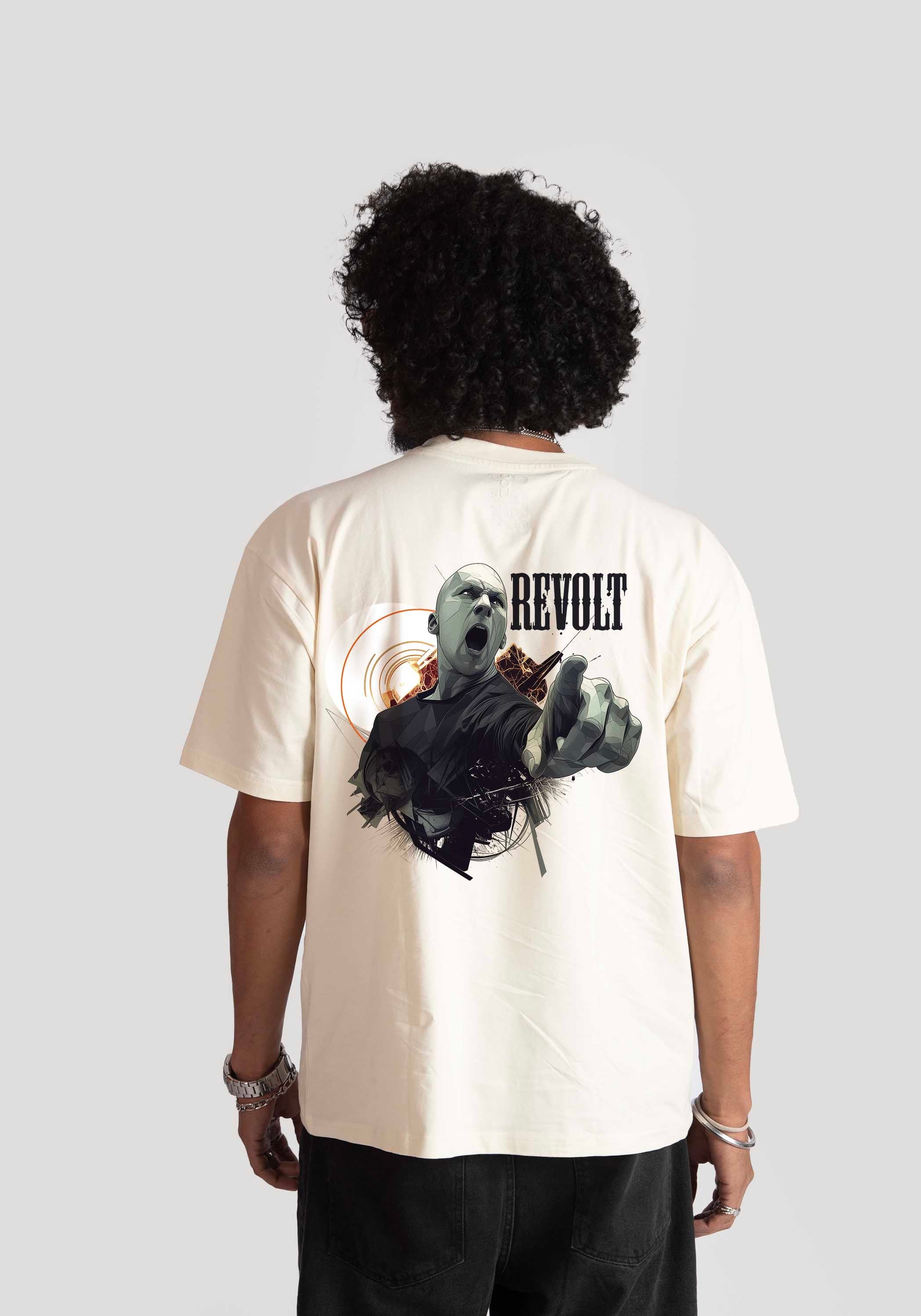 Stylera white oversized printed t-shirt with bold Revolt graphic design on the back