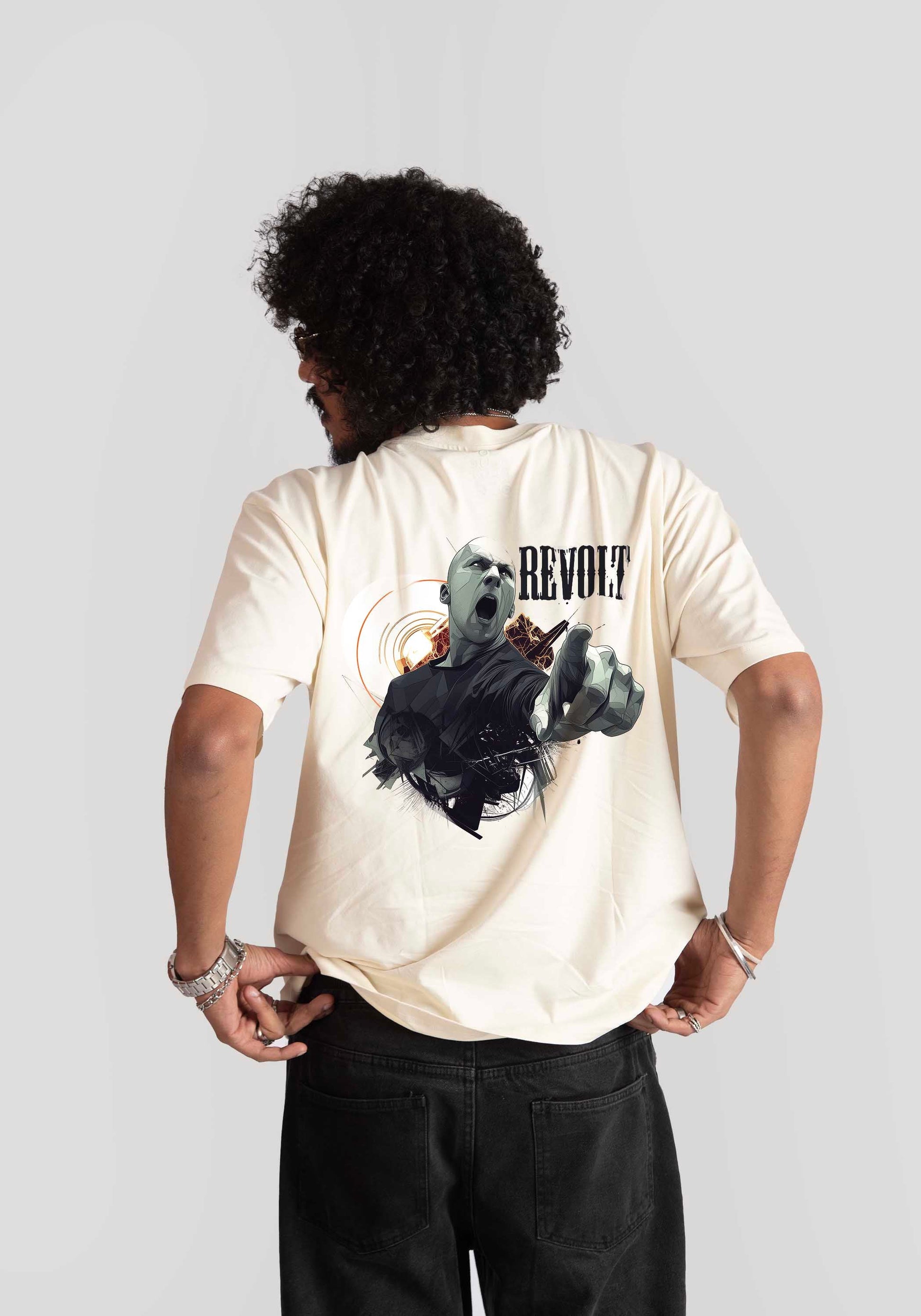 White oversized printed t-shirt by Stylera featuring graphic design on the back worn by male model