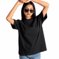 women's relaxed fit black tee worn by Stylera with blue jeans and sunglasses