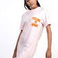 Stylera women's skinny fit top light pink tee dress with orange chest graphic worn by model