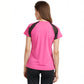 Woman wearing a Tuna London Pink Poly Blend Round Neck T-shirt and black pants, shown from the back against a white background.