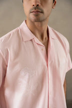 Men's Box-Fit Embroidered Linen Pearl Pink Shirt Vellure