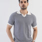 Jacquard Johnny-Collar Knit Polo in Navy X White