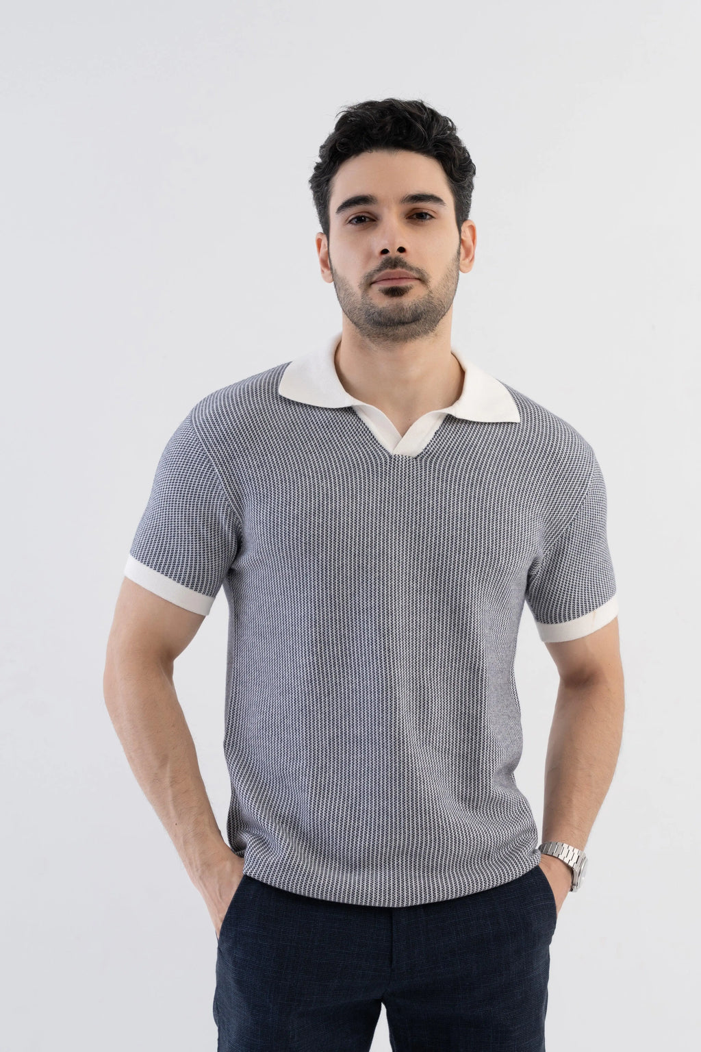 Men's Jacquard Knitted Navy & White Polo Vellure