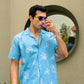 Box-Fit Floral Bloom Linen Shirt in Ocean Blue
