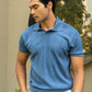 Johnny-Collar Knit Polo in Azure Blue