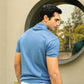 Johnny-Collar Knit Polo in Azure Blue