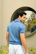 Men Knitted Azure Blue Polo Vellure