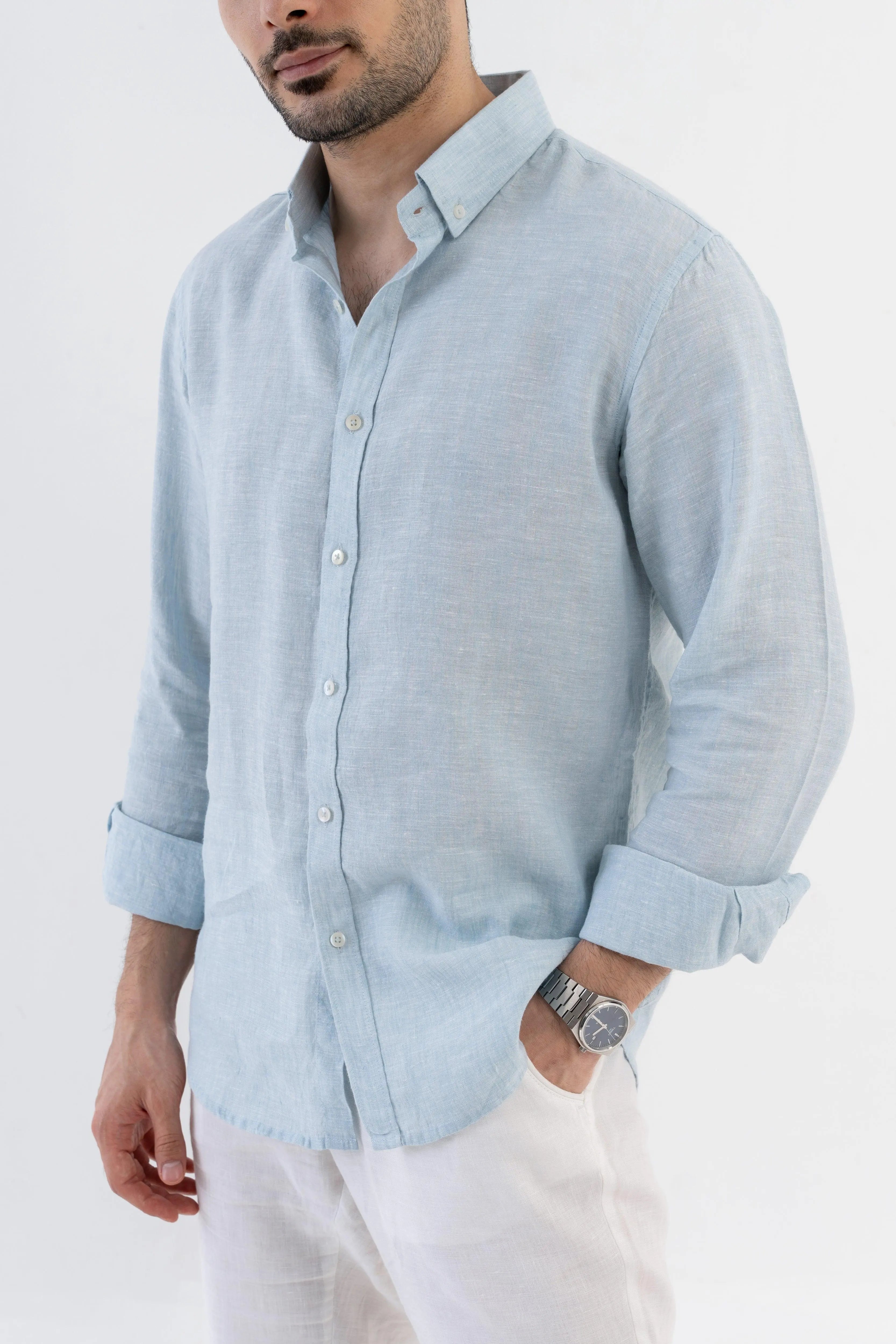 Men's Linen Soft Touch Frosty Blue Shirt Vellure
