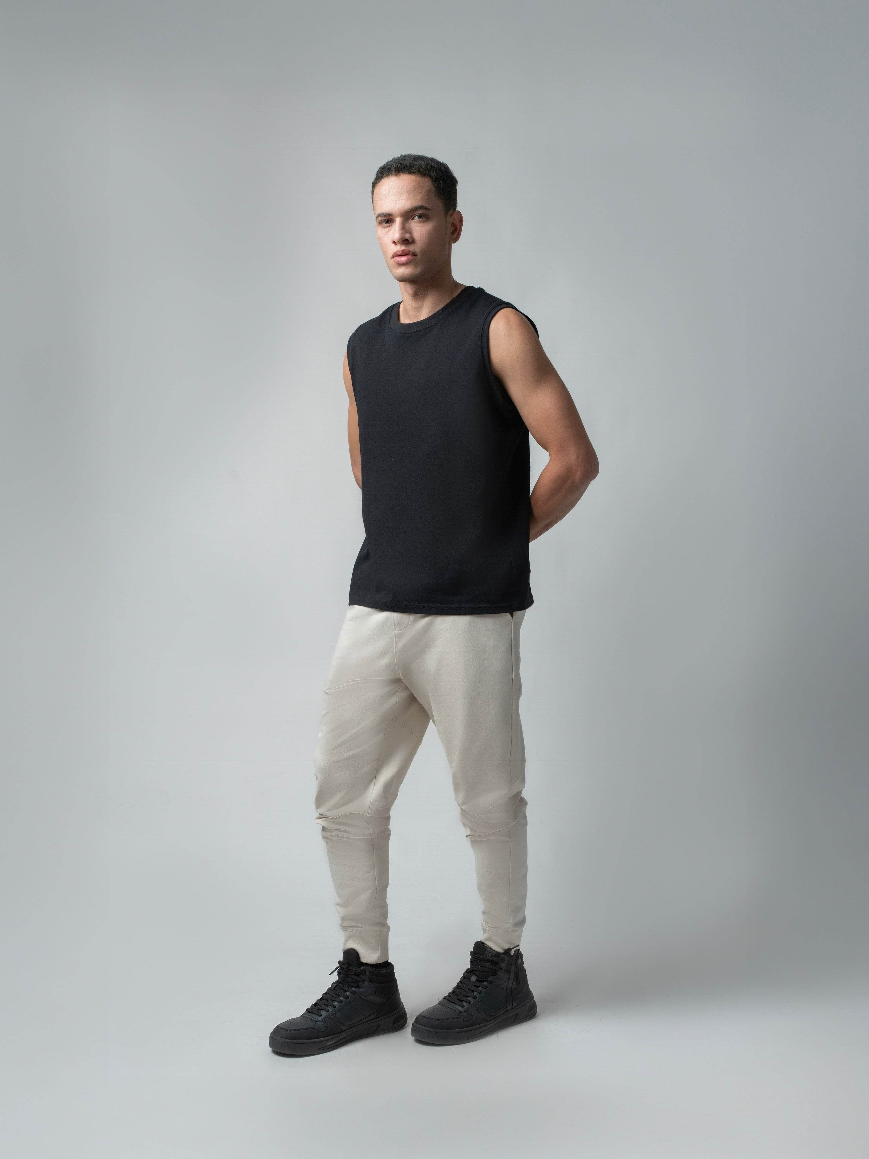 Loop Knit Back Cut-And-Sew Beige Joggers For Men