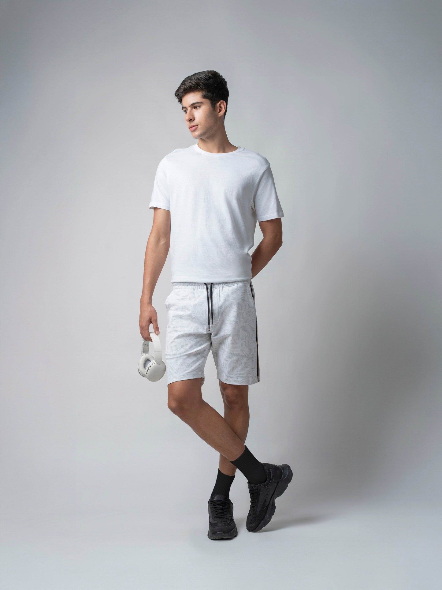 All-Over Discharge Print White Cotton Shorts For Men