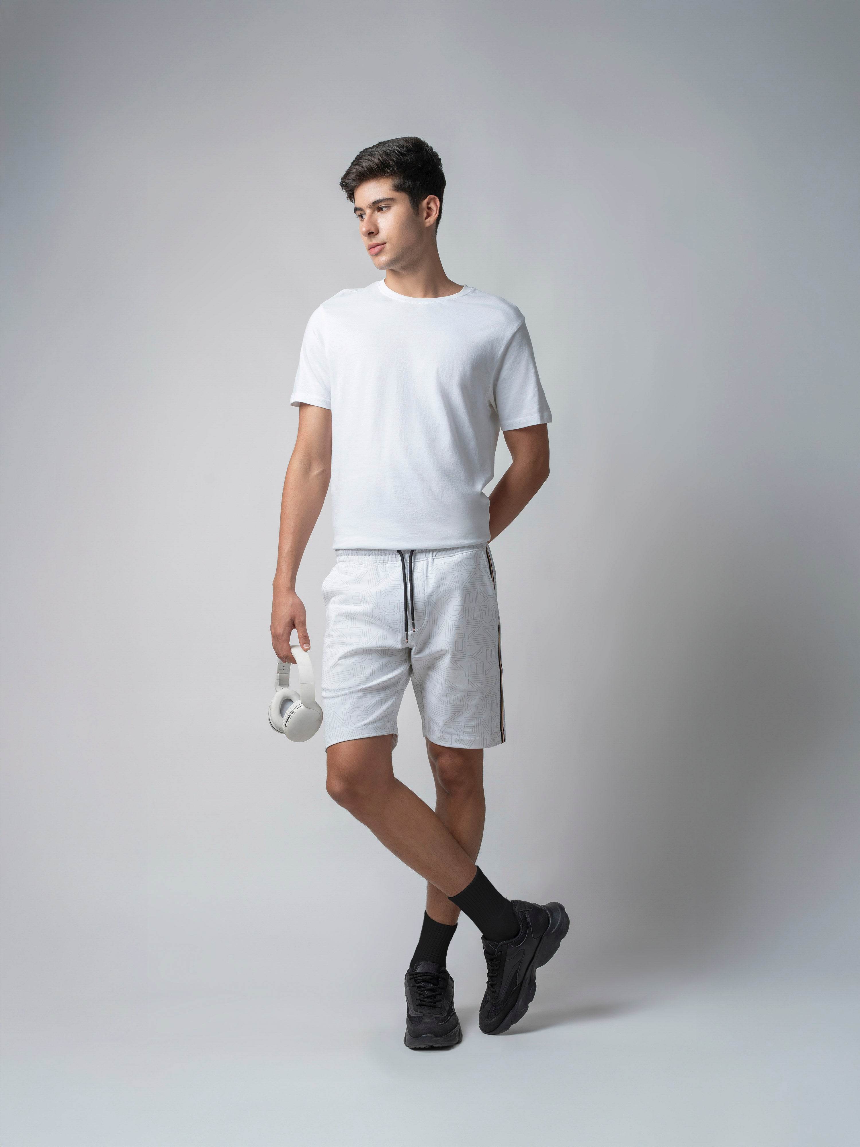 All-Over Discharge Print White Cotton Shorts For Men