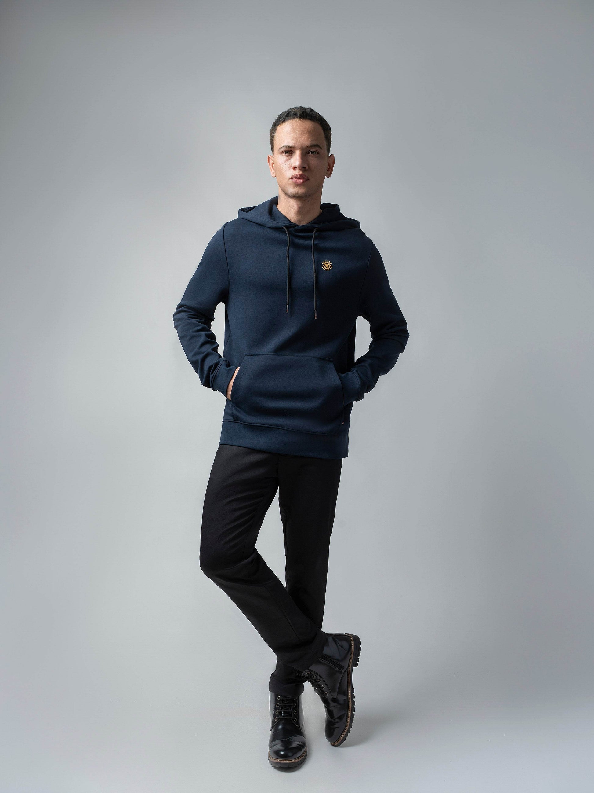 Navy Blue Hooded Sweatshirt with Contrast HD Print for Men