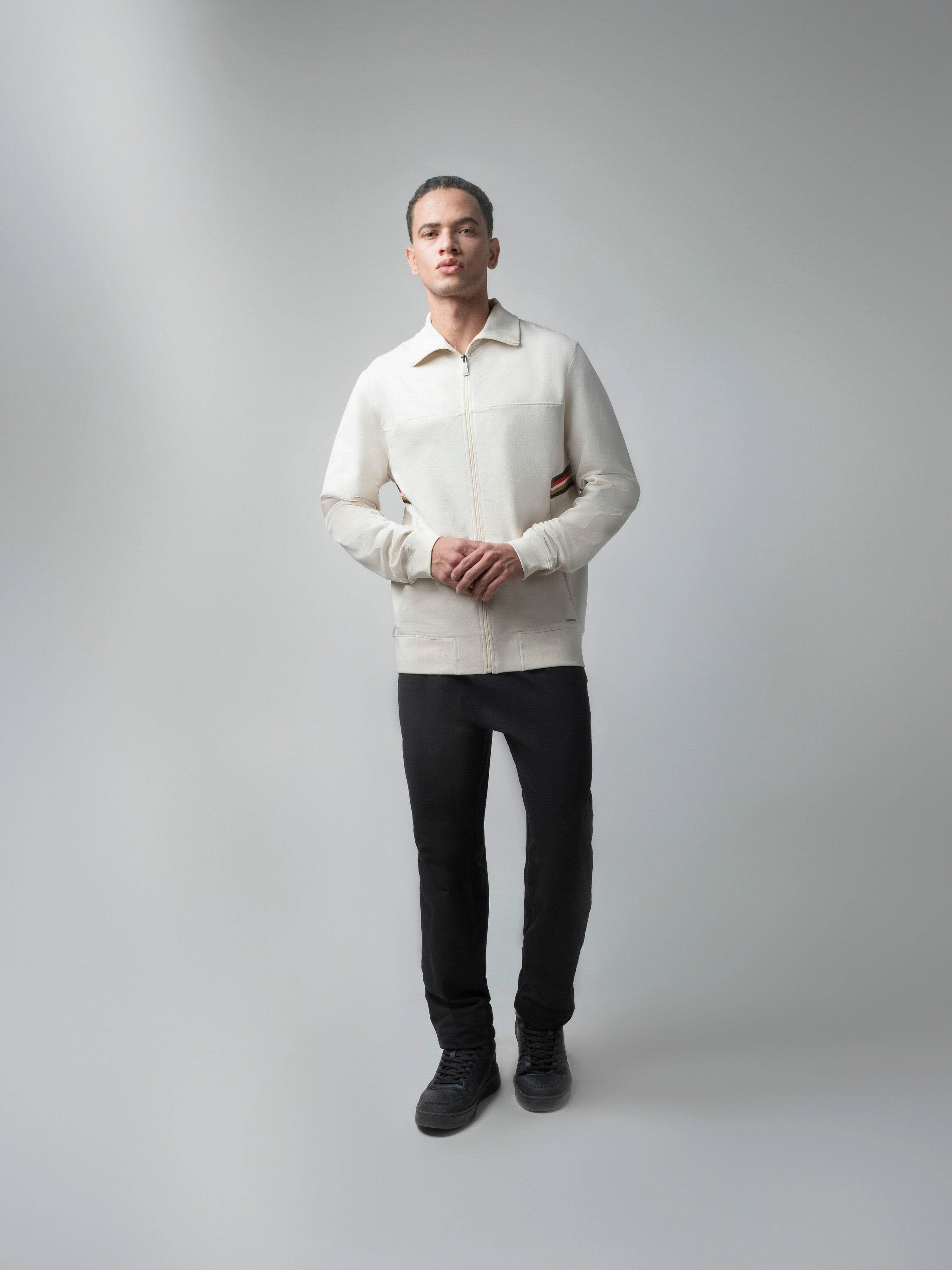 Beige Zipper Sweat Shirt For Men with 4-Color Flag Tape