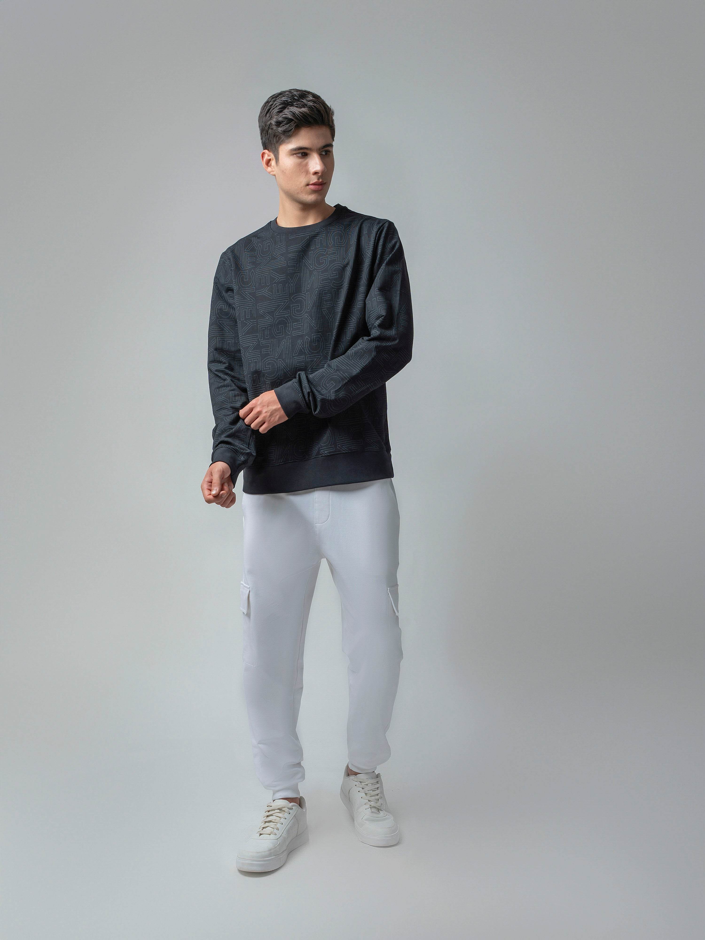 Black Crewneck Sweatshirt with Prints and Side Flag Tape for men