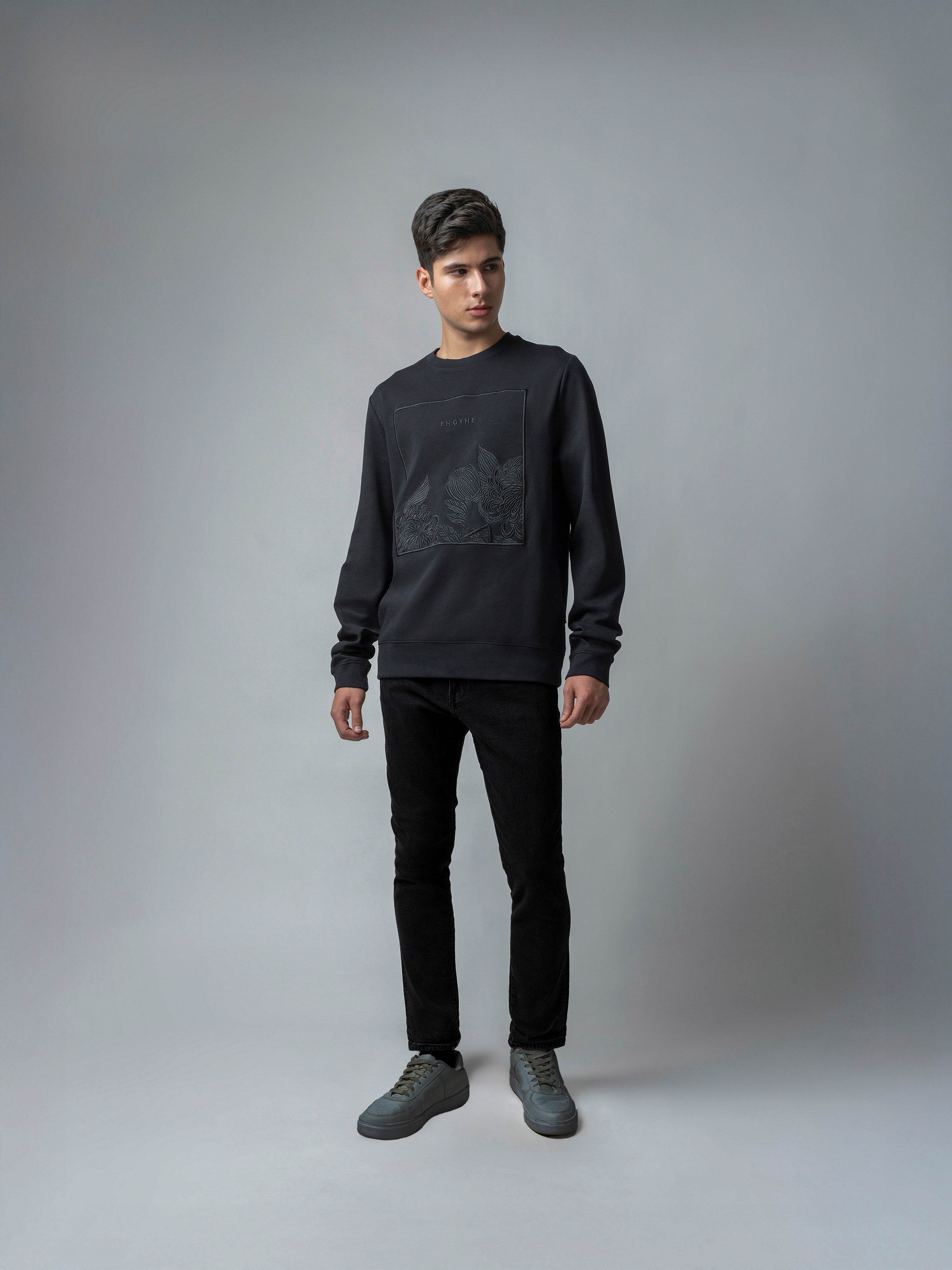 Crew Neck Black Sweatshirt with Floral Chest Embroidery for Men