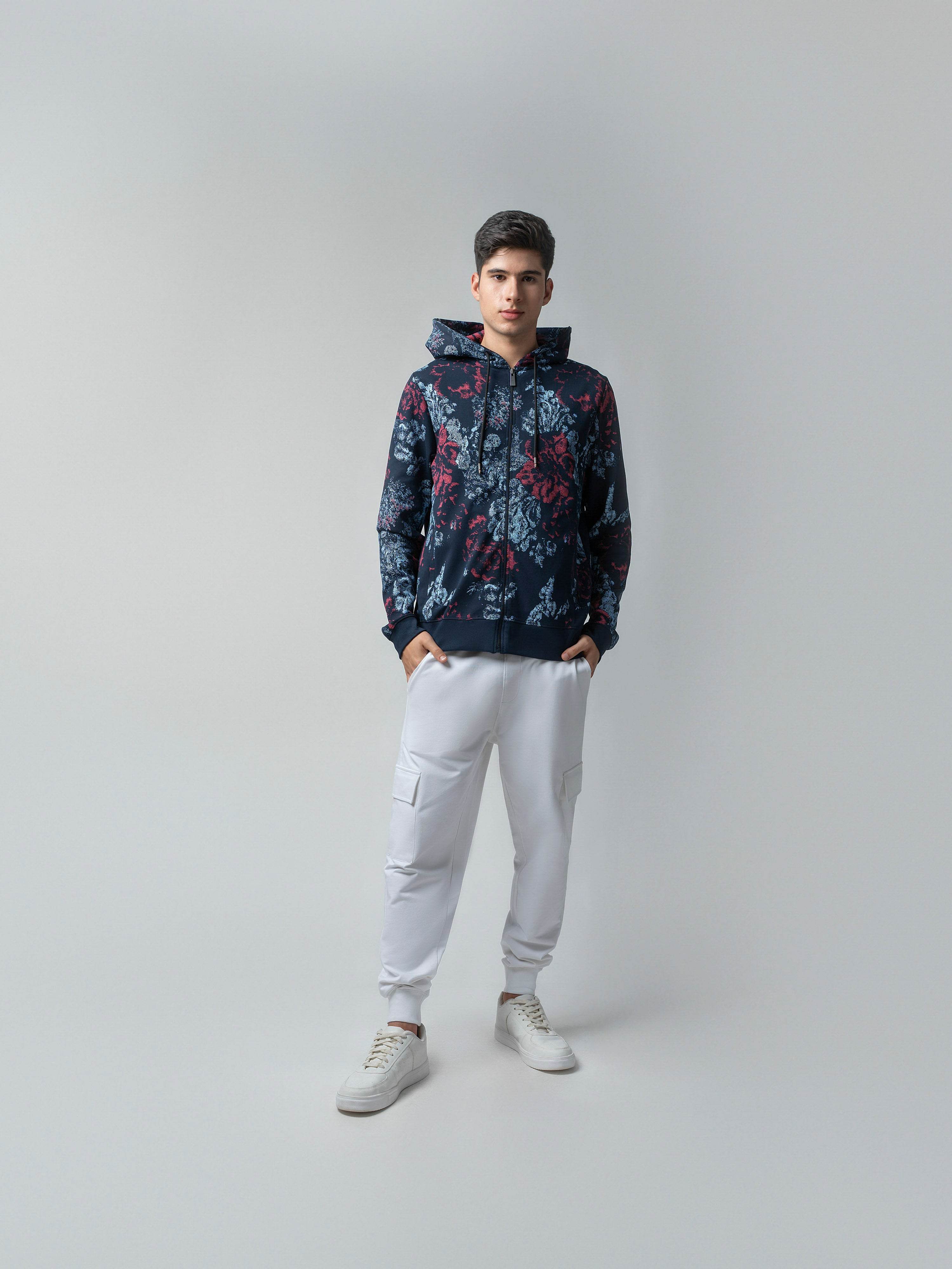 All-Over Discharge Navy Printed Hoodie Zipper Sweatshirt
