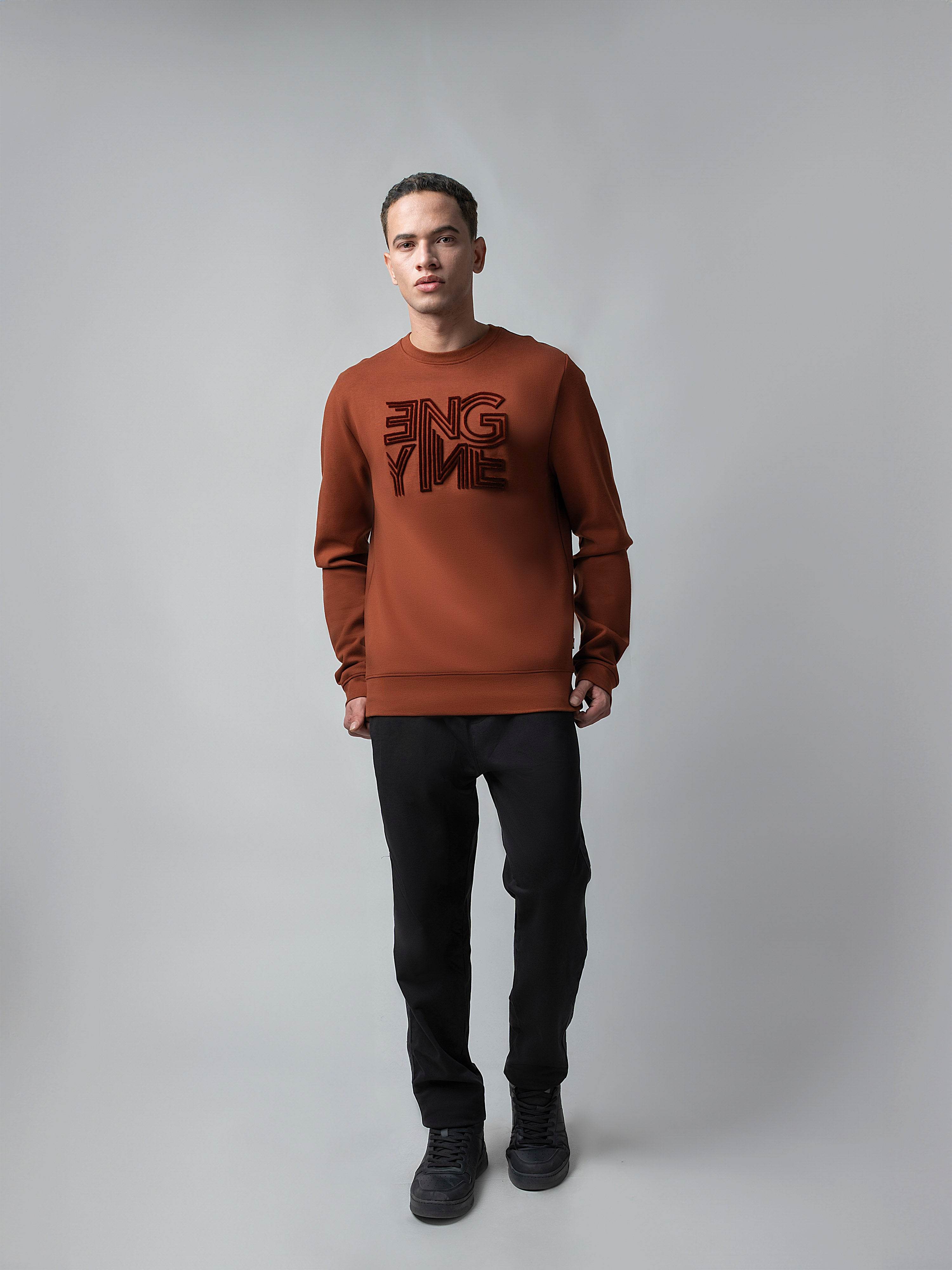 Crew Neck Brown Sweatshirt with Engyne' Embroidery for Men