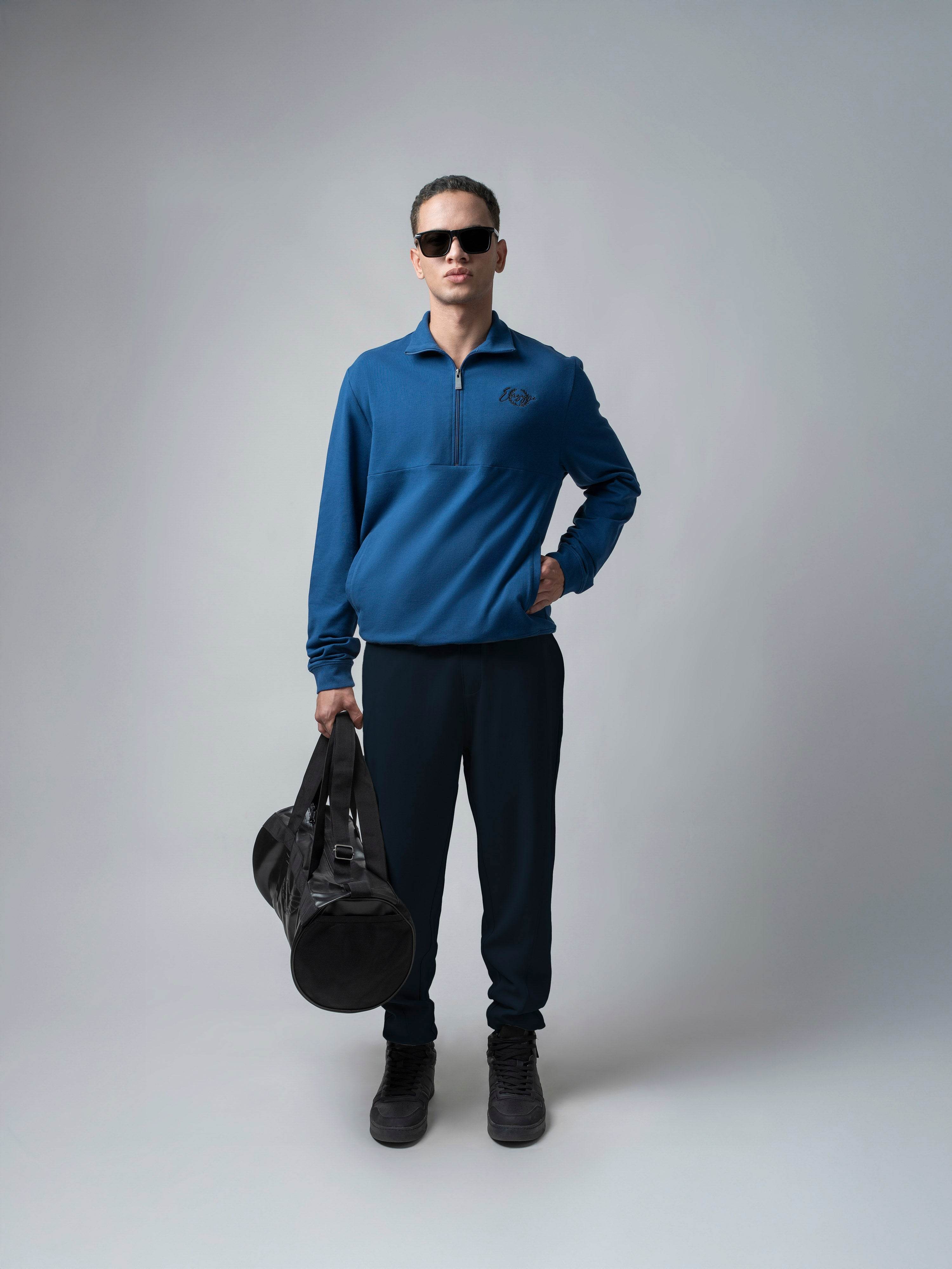 Dark Blue Half Zip Sweater Shirt Silicon HD Chest Print for men