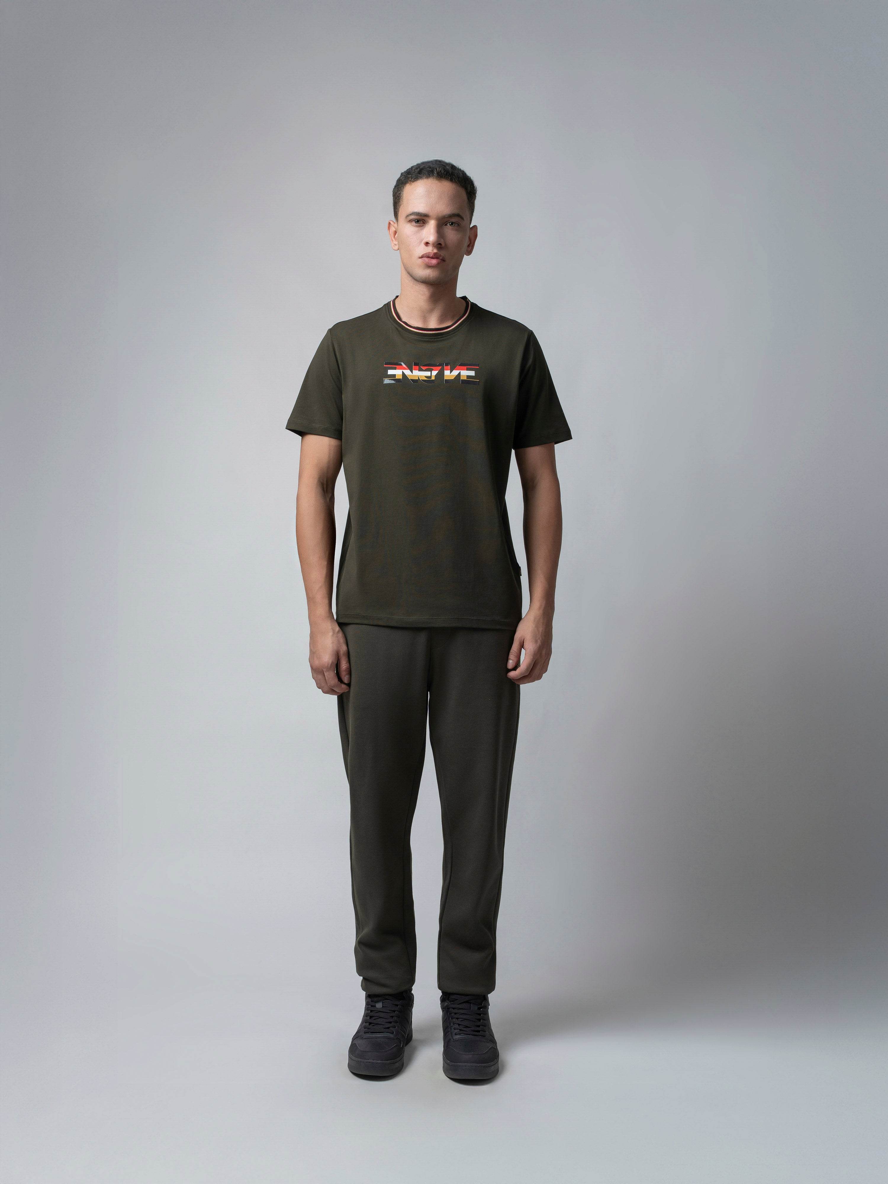 Olive Mens Track Pants With Contrast HD Print