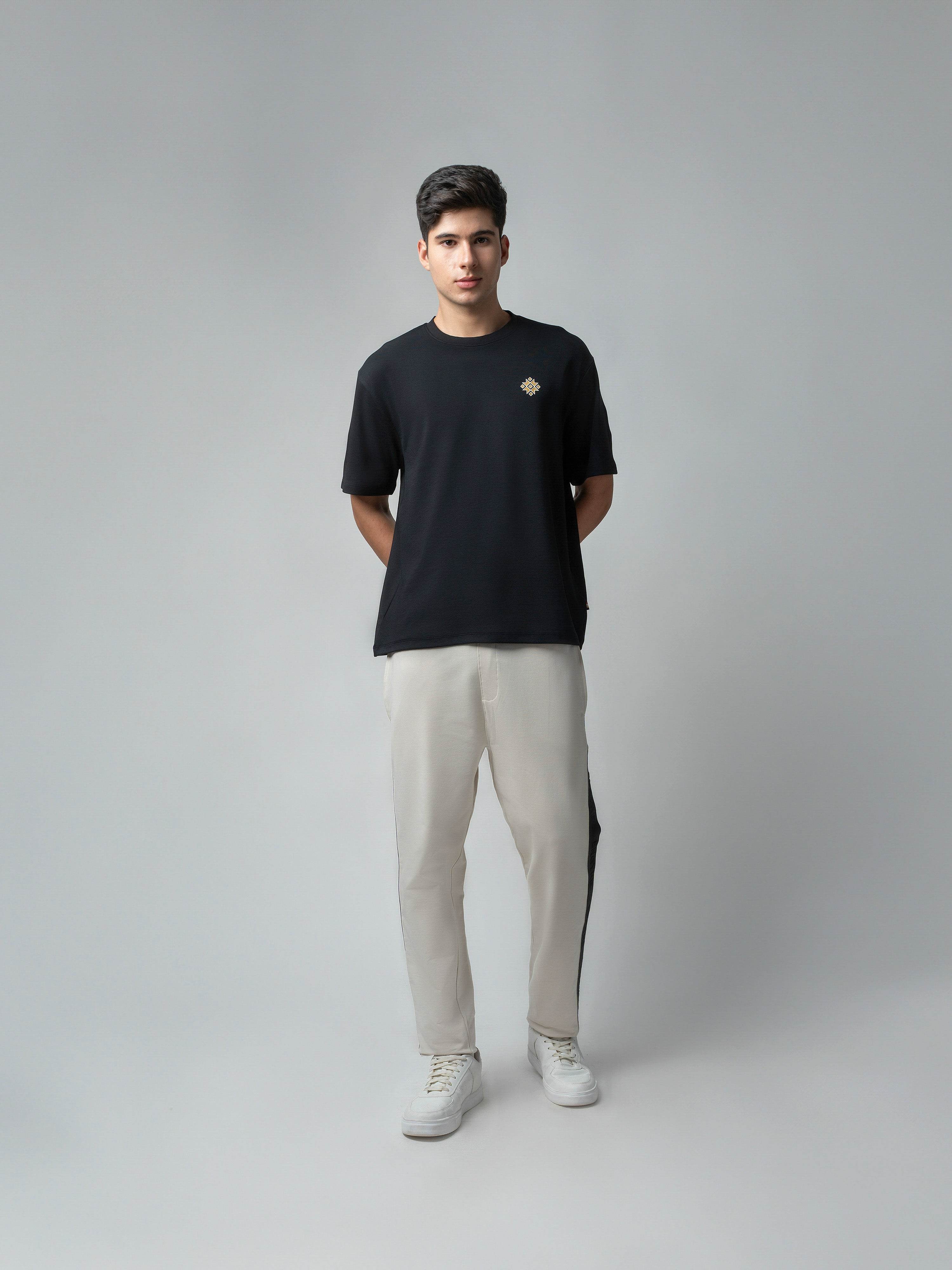 Cotton Beige Track Pant with Contrast Woven Side Tape