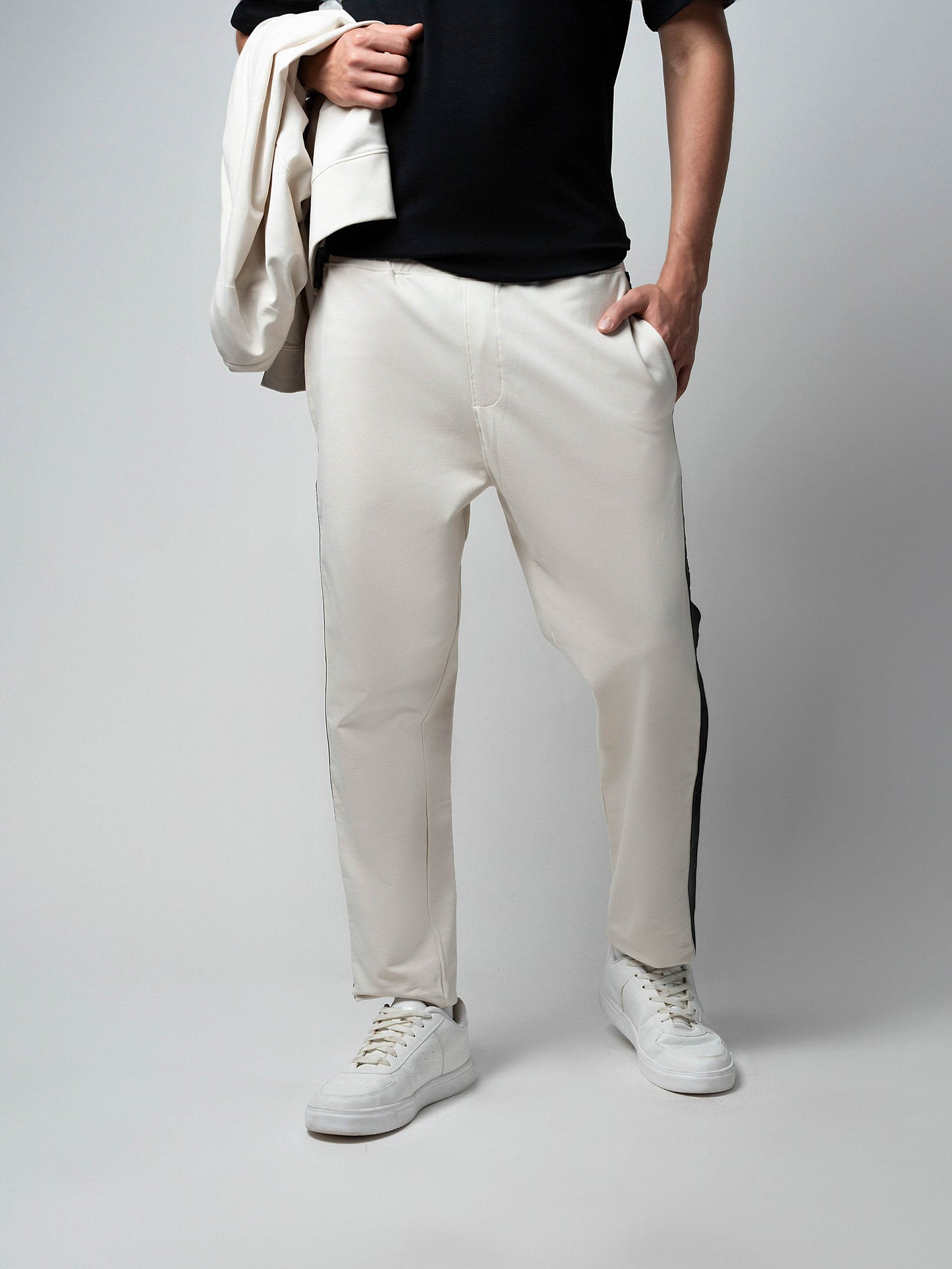 Cotton Beige Track Pant with Contrast Woven Side Tape