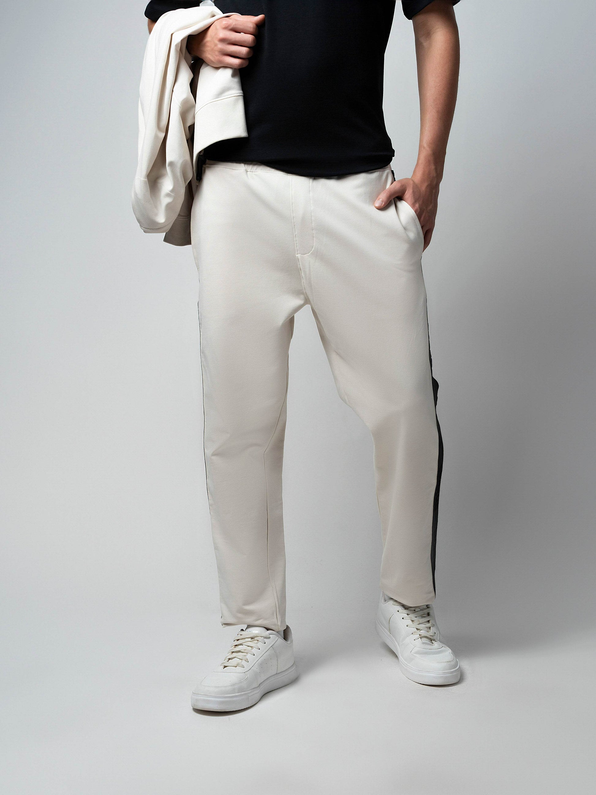 Cotton Beige Track Pant with Contrast Woven Side Tape