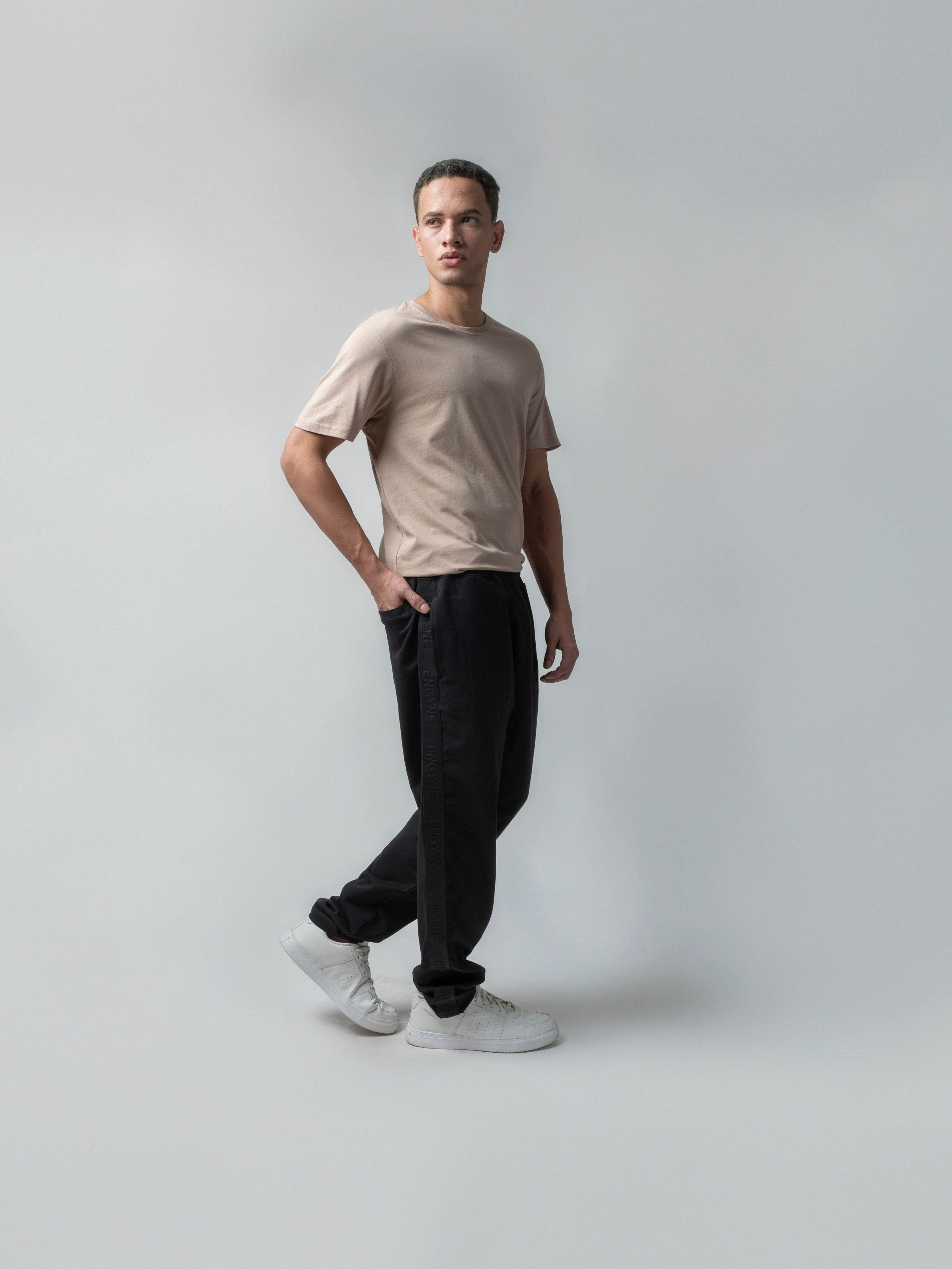 Rougen Cotton Black Tracksuit Pants With Woven Side Tape