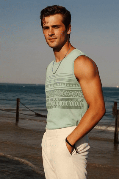 Jade Green Jersey Geometric Print Regular Fit Vest