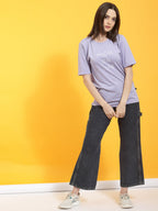Oversized Half Sleeves Printed Round Neck Purple T-Shirt