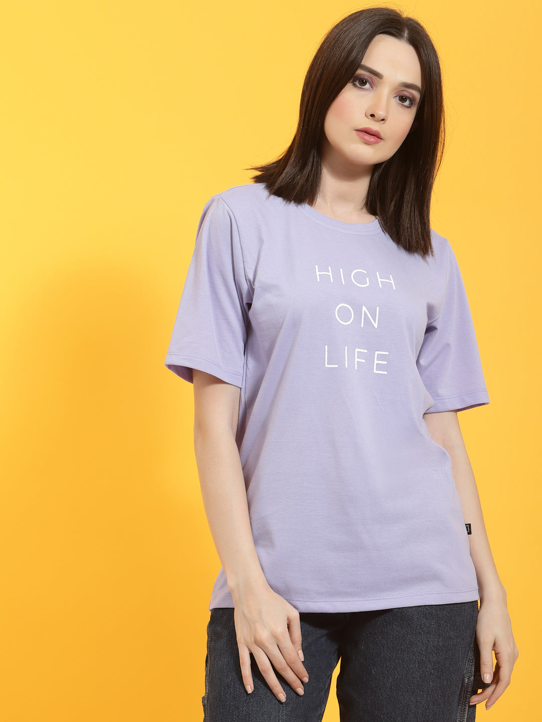Oversized Half Sleeves Printed Round Neck Purple T-Shirt
