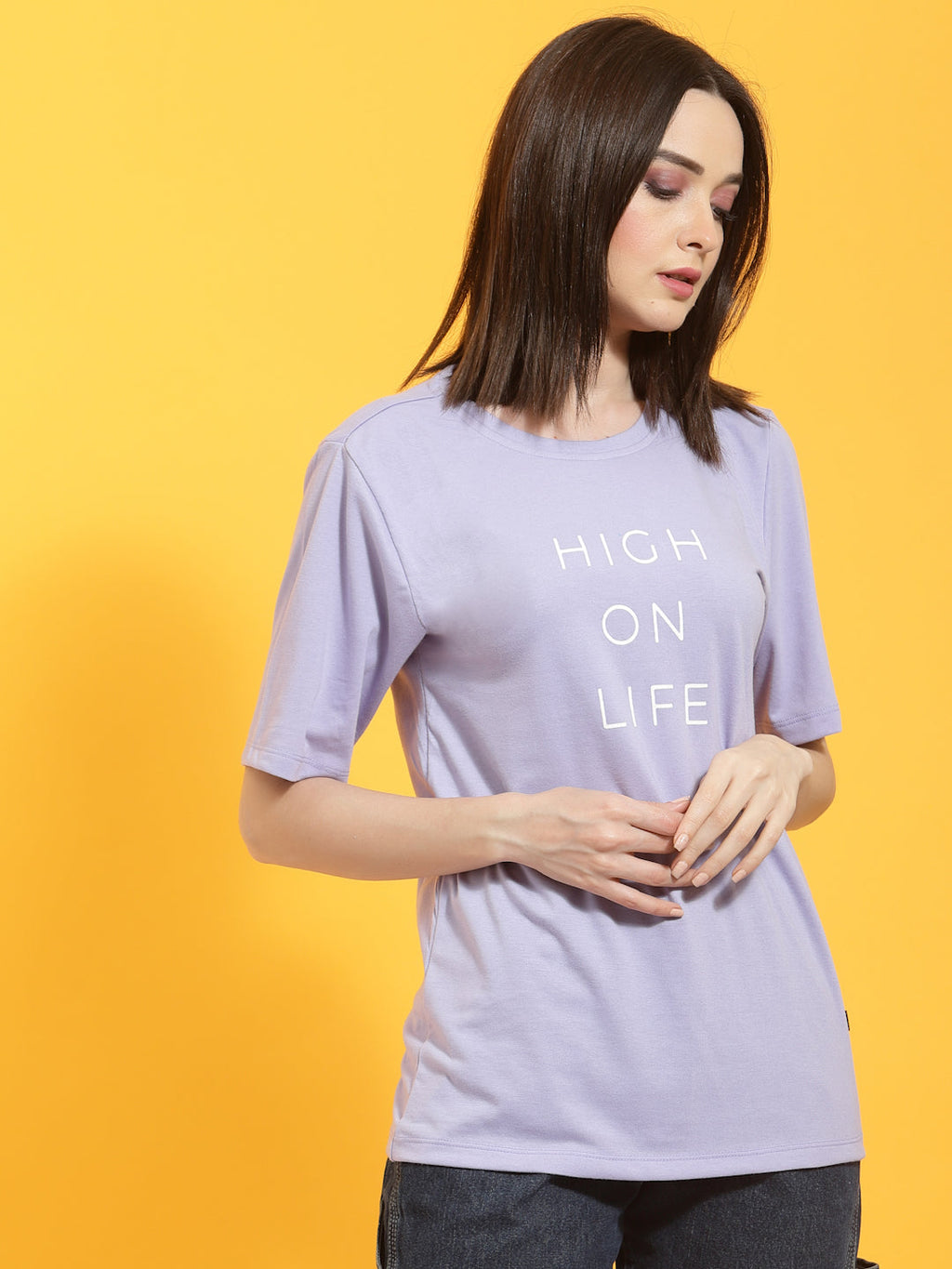 Oversized Half Sleeves Printed Round Neck Purple T-Shirt