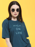 Oversized Half Sleeves Printed Round Neck Green T-Shirt