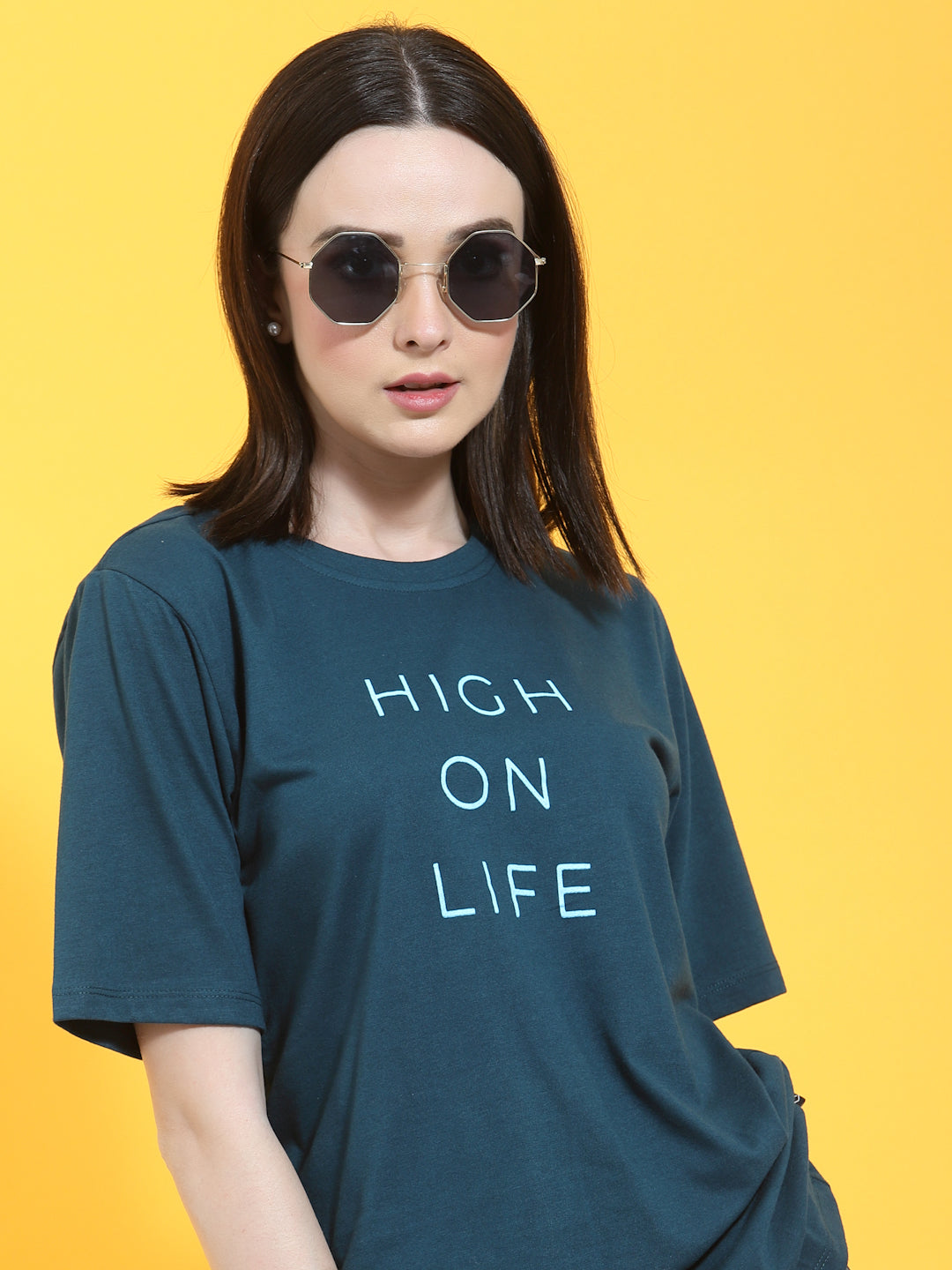 Oversized Half Sleeves Printed Round Neck Green T-Shirt