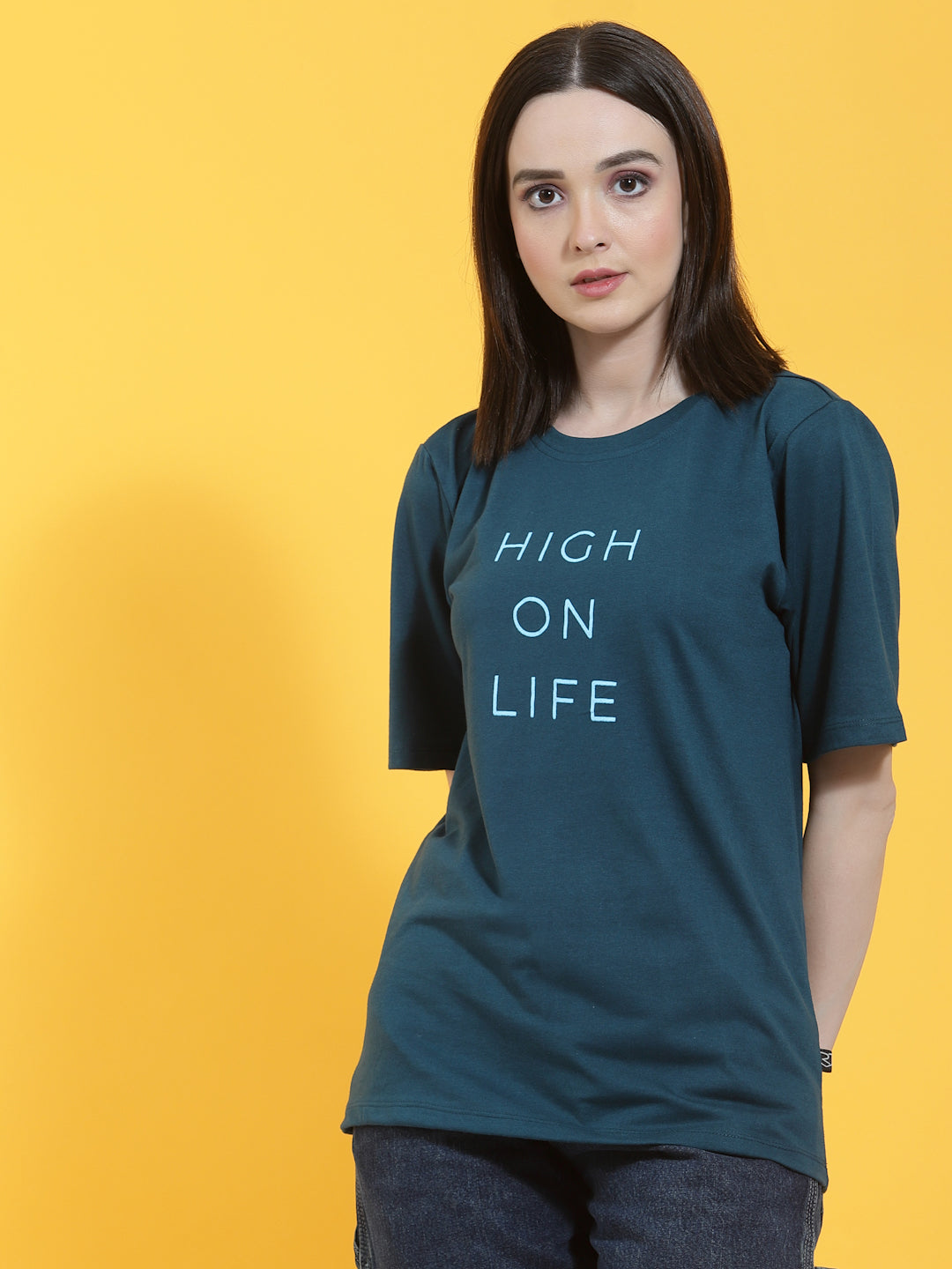 Oversized Half Sleeves Printed Round Neck Green T-Shirt