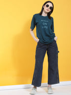 Oversized Half Sleeves Printed Round Neck Green T-Shirt