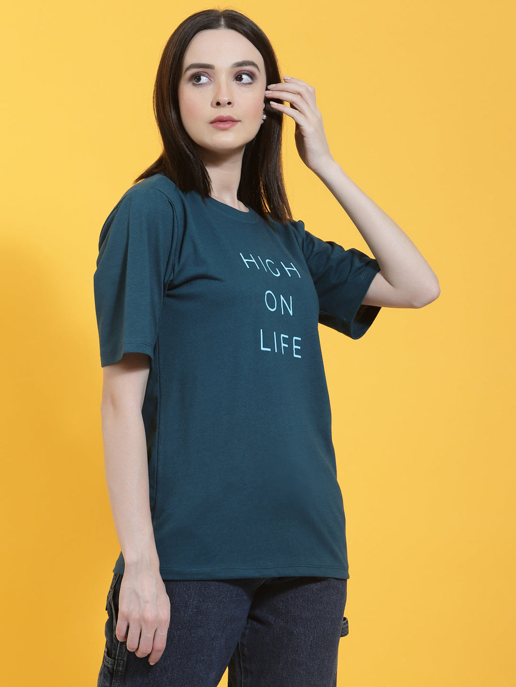 Oversized Half Sleeves Printed Round Neck Green T-Shirt