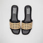 Stylera black woven sandals for women with beige braided strap and open toe design